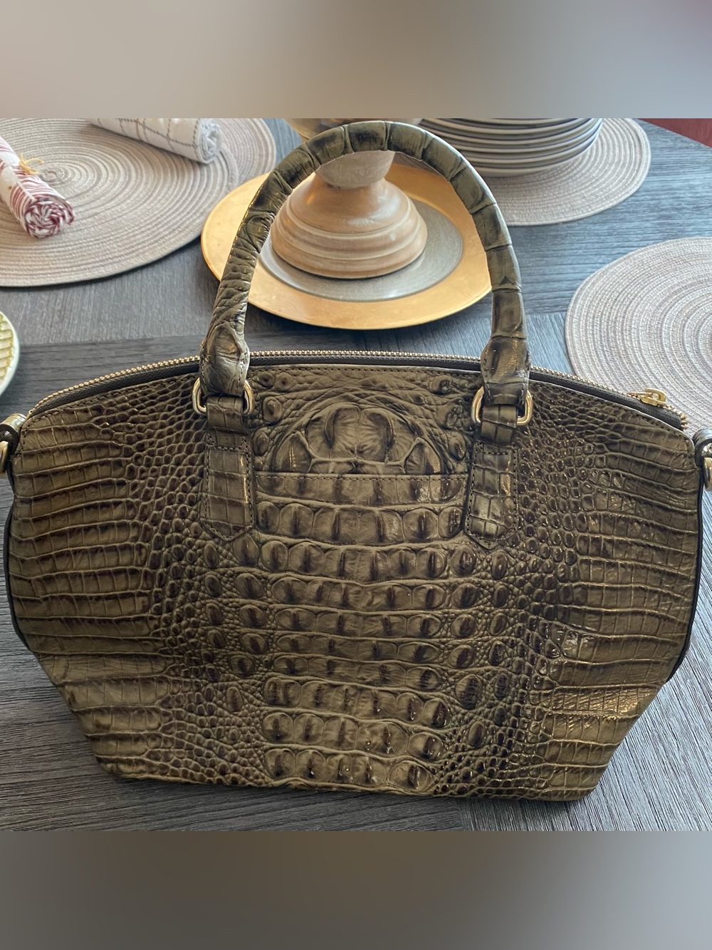 Brahmin Olive Croc-Embossed Satchel with Gold Charm Accent - Picture 2 of 5